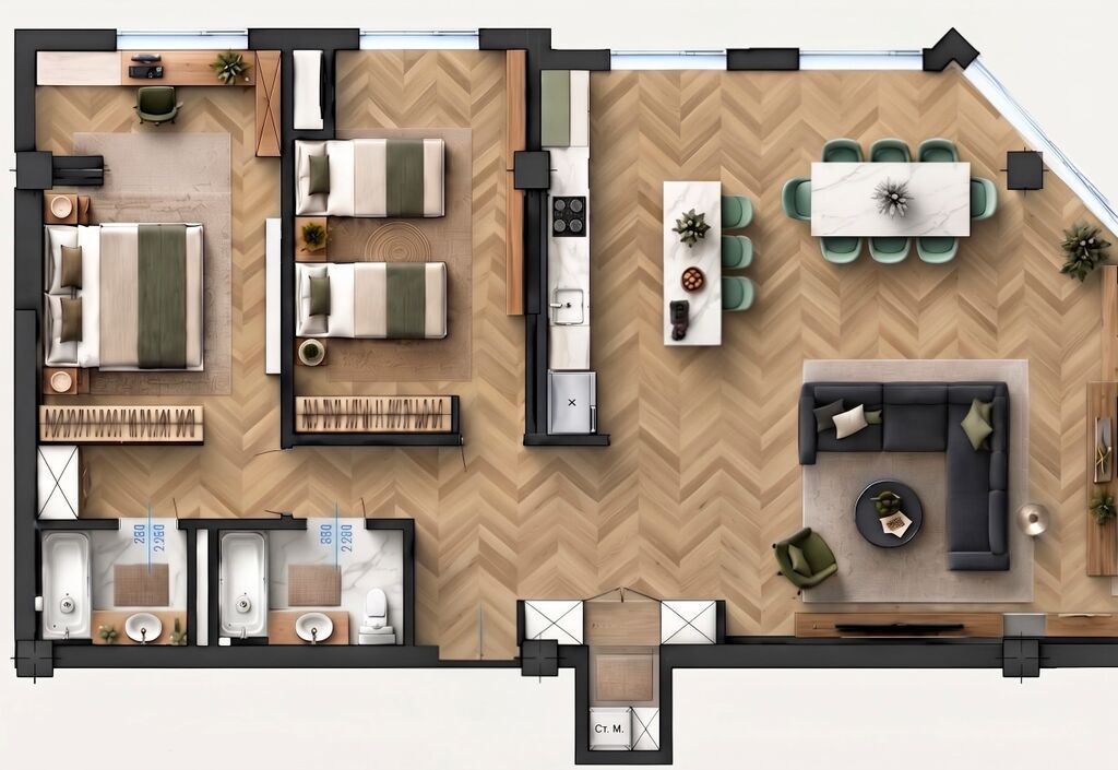 2 комнаты, 125 м², Резиденция, 12 этаж, Евроремонт: фото 2