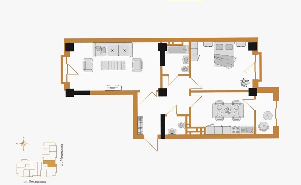 2 комнаты, 82 м², Элитка, 12 этаж, ПСО (под самоотделку): фото 3