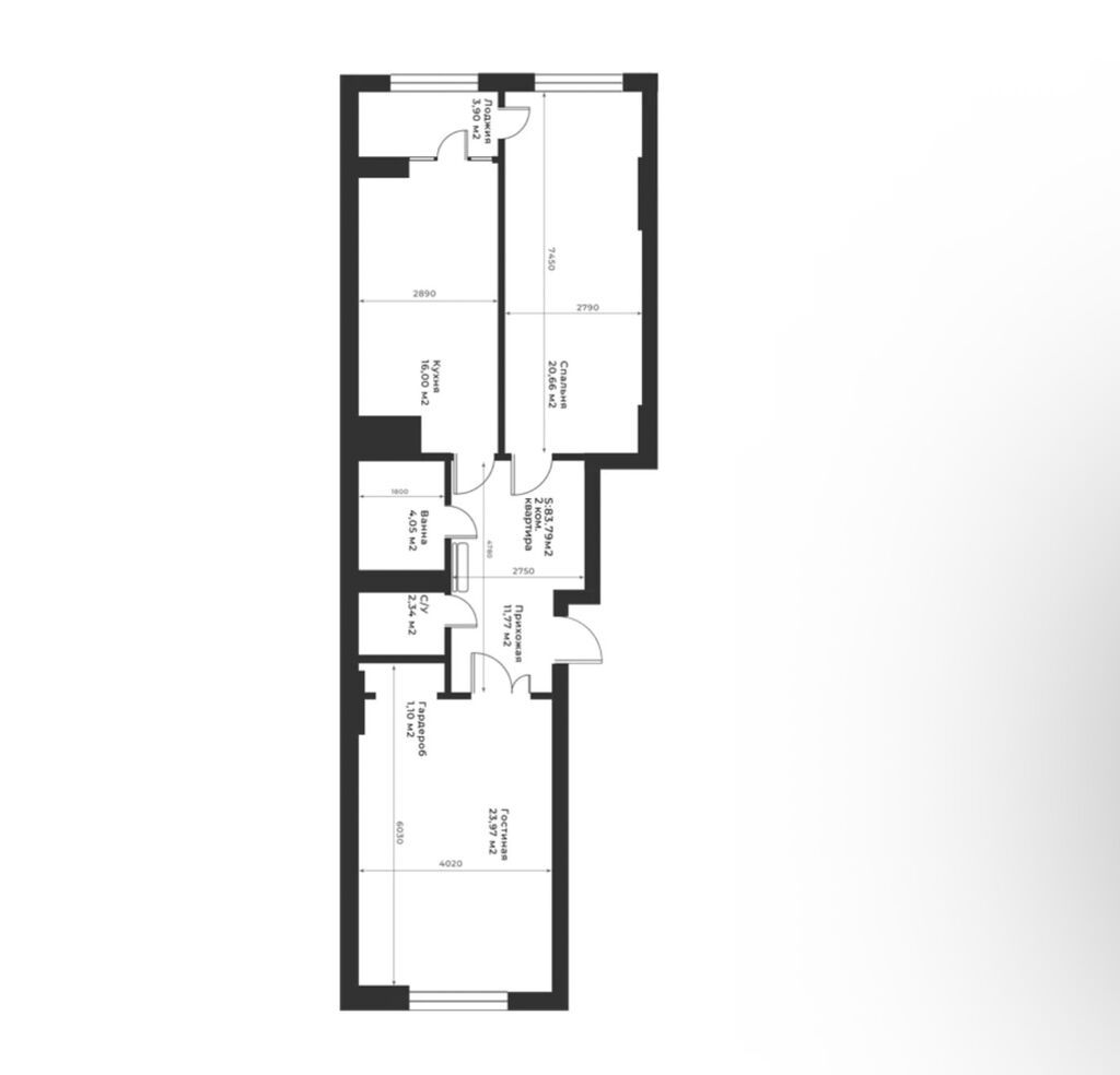 2 комнаты, 88 м², Элитка, 12 этаж, ПСО (под самоотделку): фото 2