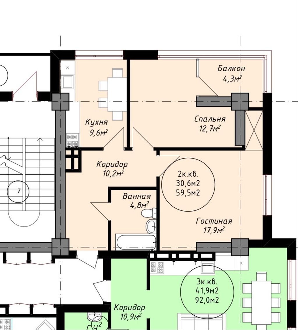 2 комнаты, 60 м², парк Фучика 3 этаж, ПСО (под самоотделку): фото 7