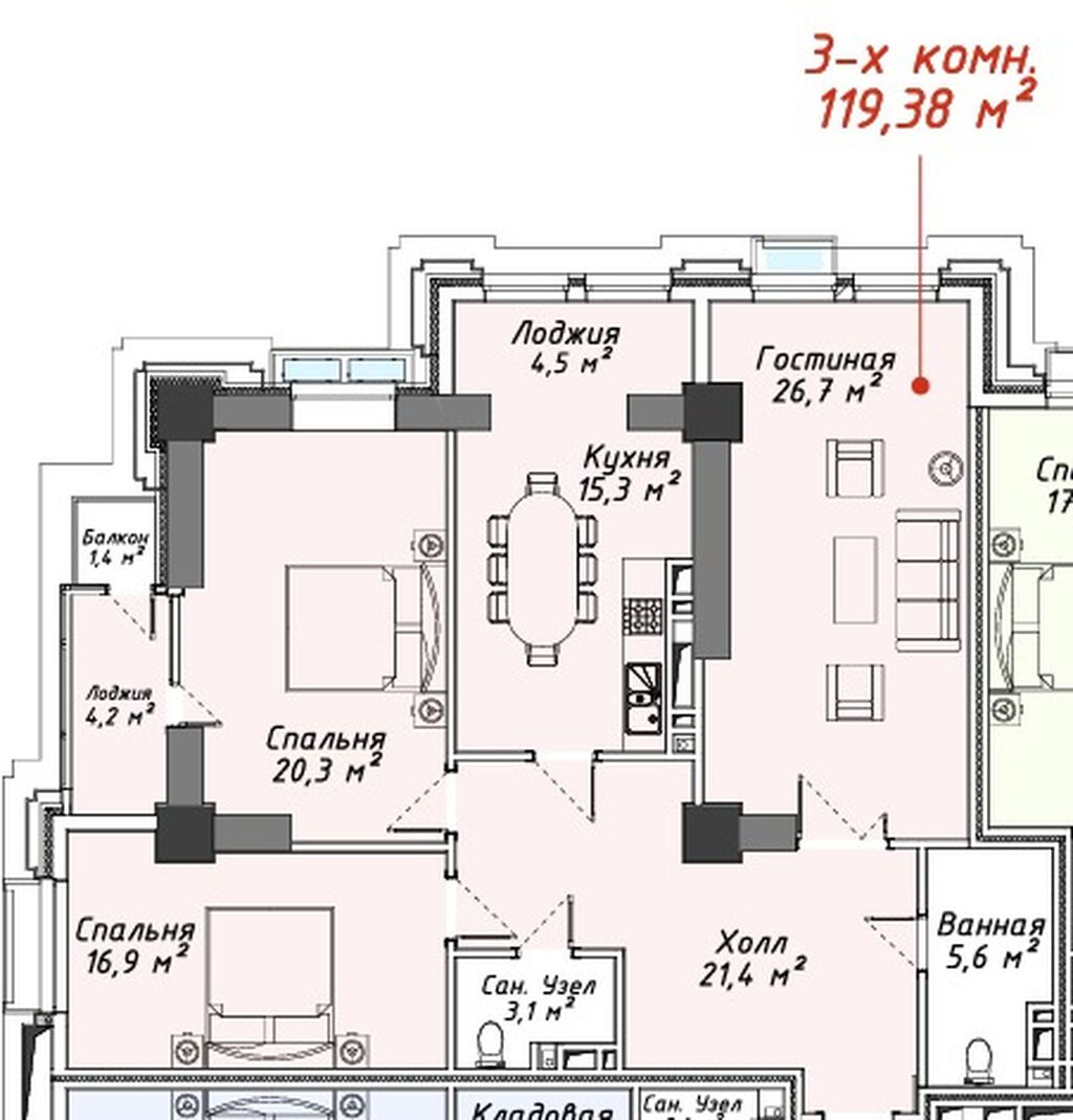 3 комнаты, 119 м², Южная Магистраль Элитка, 15 этаж, ПСО (под самоотделку): фото 3