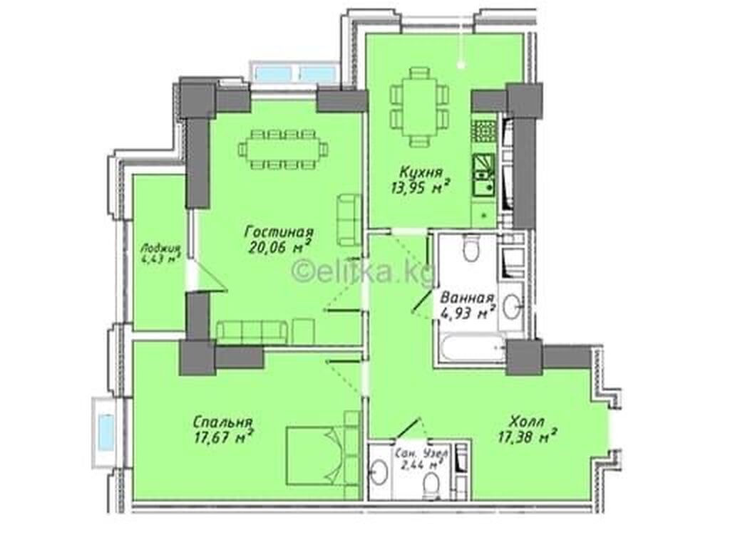 2 комнаты, 80 м², Асанбай мкр Элитка, 4 этаж, ПСО (под самоотделку): фото 3