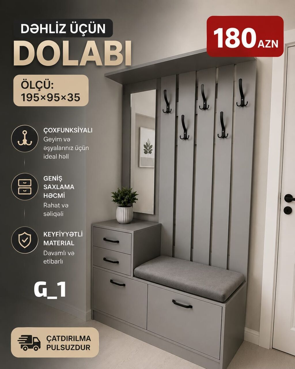 Dəhliz üçün çoxfunksiyalı dolab Ölçü: 195 × 95 × 35 sm