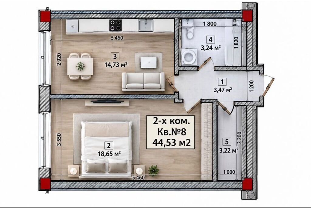 2 комнаты, 44 м², Кызыл Аскер 3 этаж, Дизайнерский ремонт: фото 6