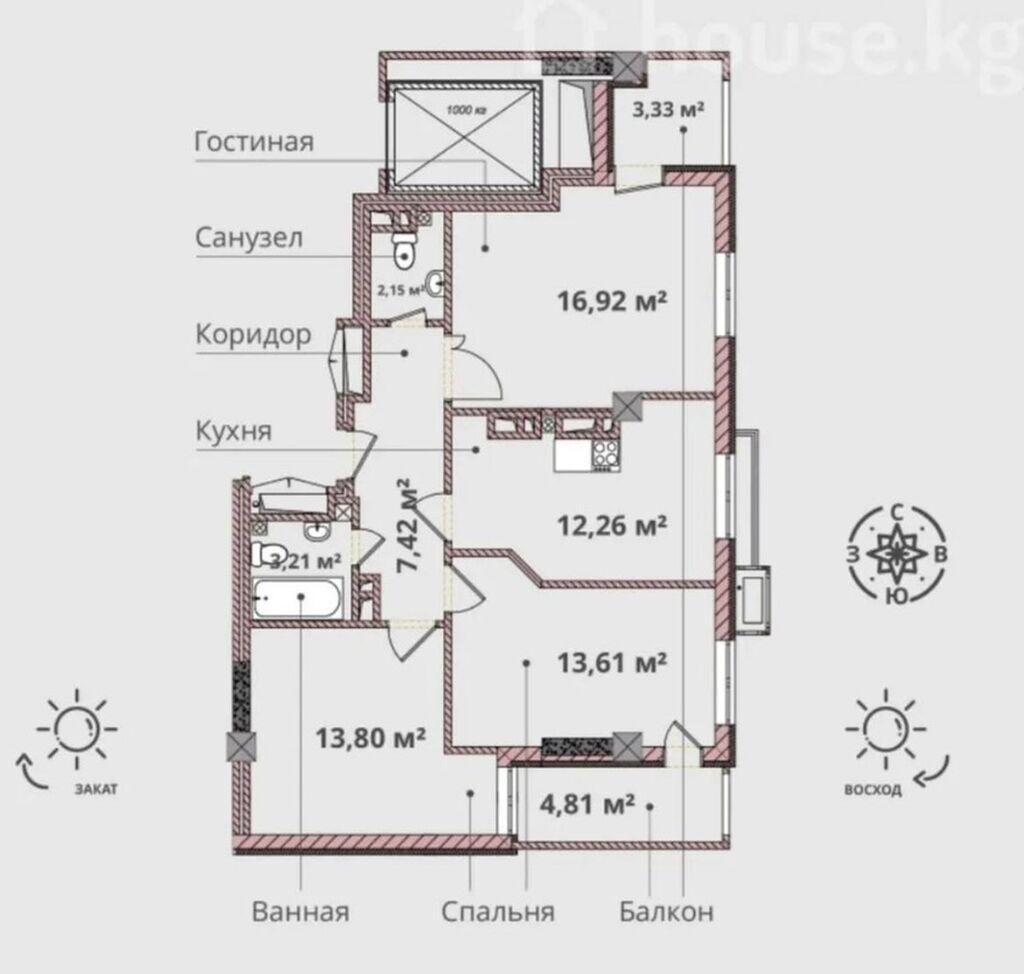 3 комнаты, 75 м², Аламедин-1 мкр Элитка, 2 этаж, ПСО (под самоотделку): фото 3
