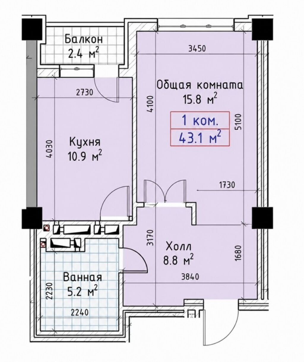 1 комната, 43 м², Технопарк Элитка, 8 этаж, ПСО (под самоотделку): фото 5