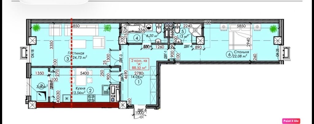 2 комнаты, 88 м², Тунгуч мкр Элитка, 5 этаж, ПСО (под самоотделку): фото 4