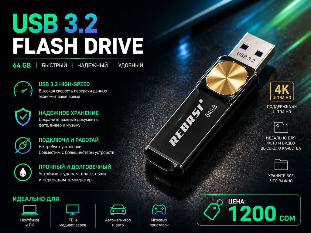 USB-флеш-накопитель REBRSY 64 GB (USB 3.2) Цена 1200 сом Есть