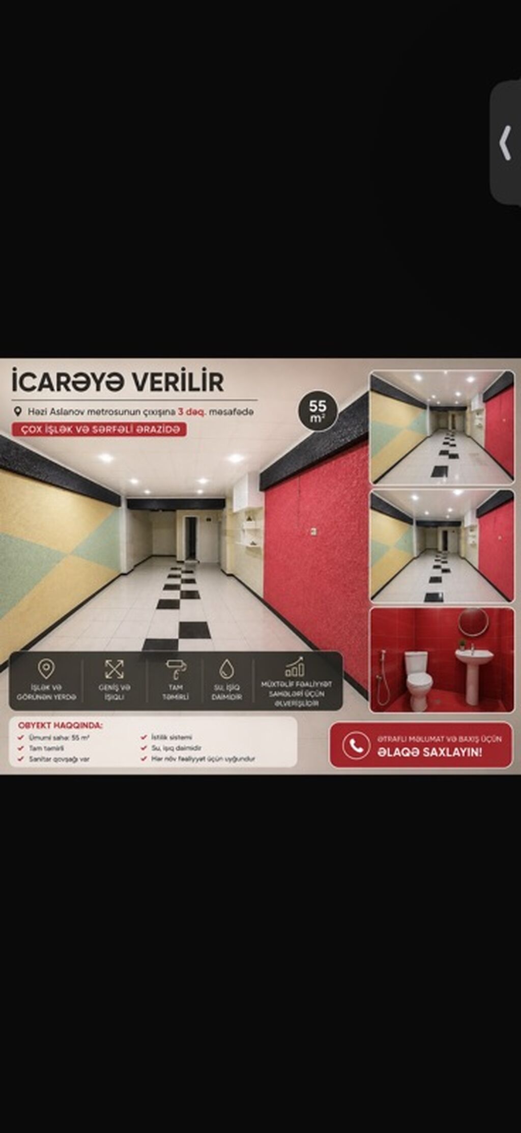 İcarəyə verilən obyekt – 66m², Həzi Aslanov metrosunun çıxışına 3