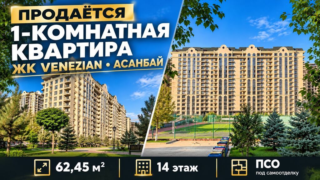 1 комната, 63 м², Асанбай мкр Элитка, 14 этаж, ПСО (под самоотделку): фото 1