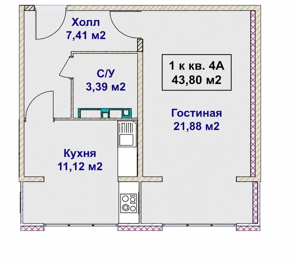 1 комната, 44 м², Ынтымак ж/м 106 серия улучшенная, 9 этаж, ПСО (под самоотделку): фото 2