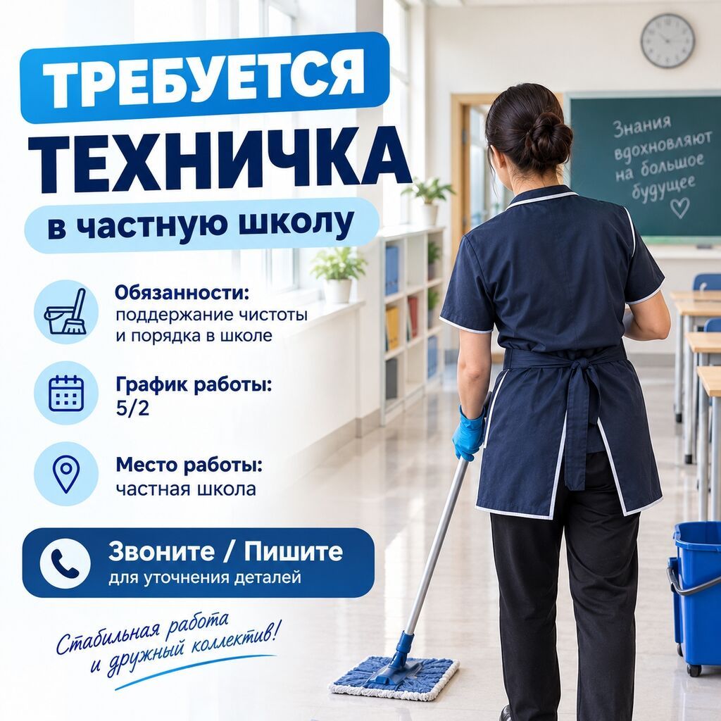Требуется Уборщик, Школа, График: Пятидневка, Полный рабочий день