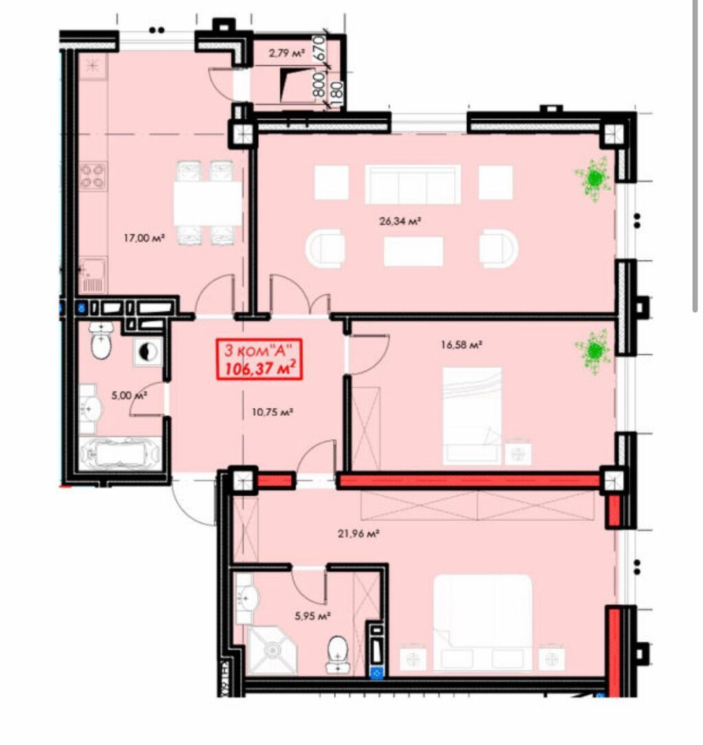 3 комнаты, 106 м², Южная Магистраль Элитка, 17 этаж, ПСО (под самоотделку): фото 2
