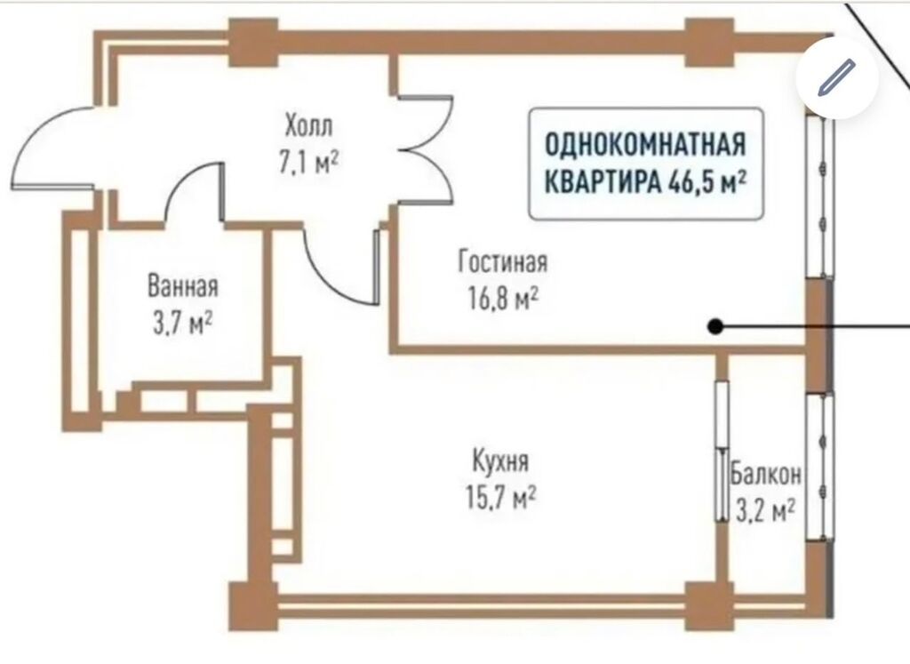 1 комната, 47 м², Элитка, 7 этаж, ПСО (под самоотделку): фото 2