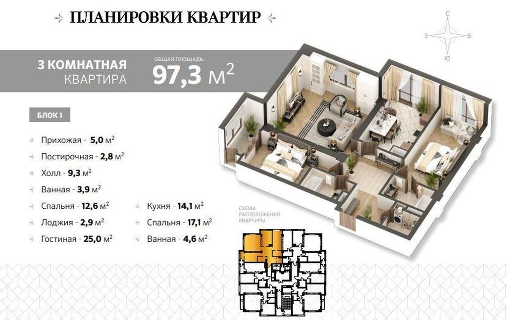 3 комнаты, 97 м², Филармония Элитка, 14 этаж, ПСО (под самоотделку): фото 2
