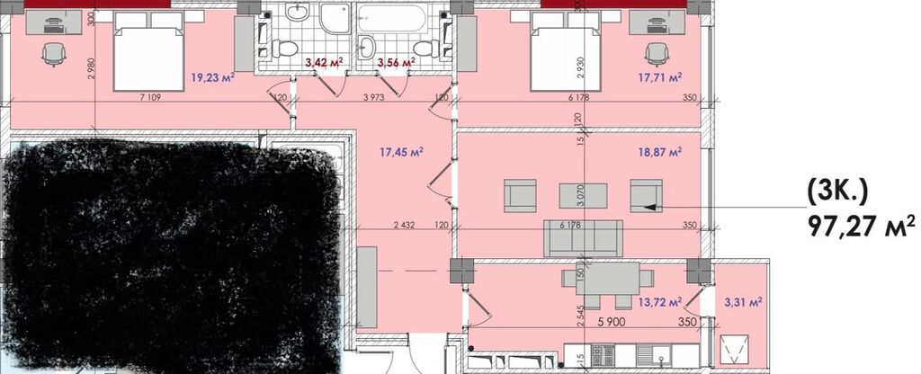 3 комнаты, 97 м², Южная Магистраль Элитка, 13 этаж, ПСО (под самоотделку): фото 2