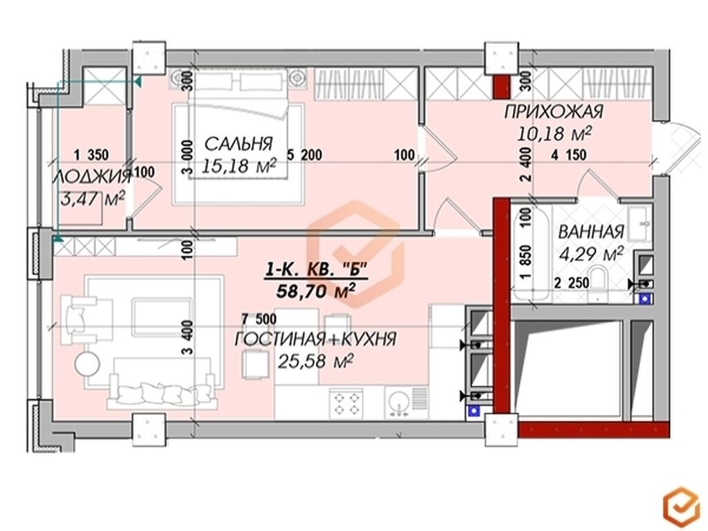 1 комната, 58 м², БГУ Элитка, 17 этаж, ПСО (под самоотделку): фото 2
