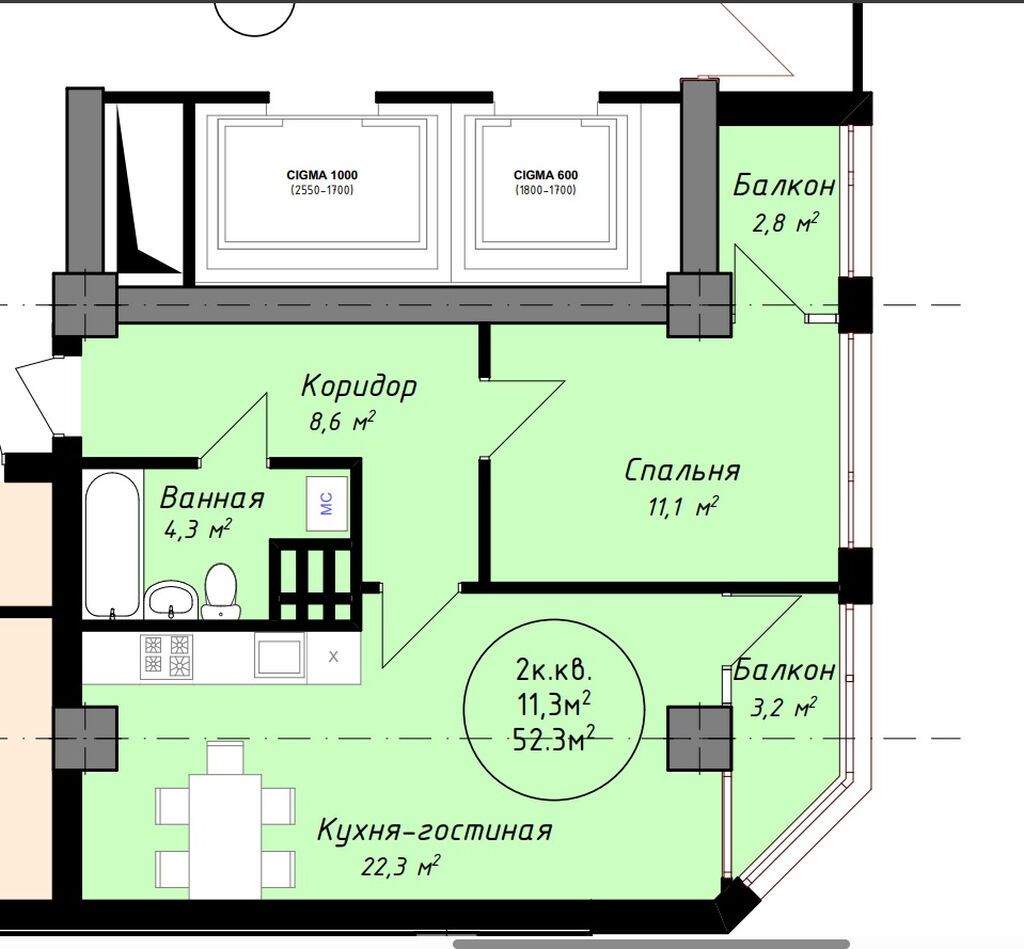 2 комнаты, 52 м², парк Фучика Элитка, 13 этаж, ПСО (под самоотделку): фото 2