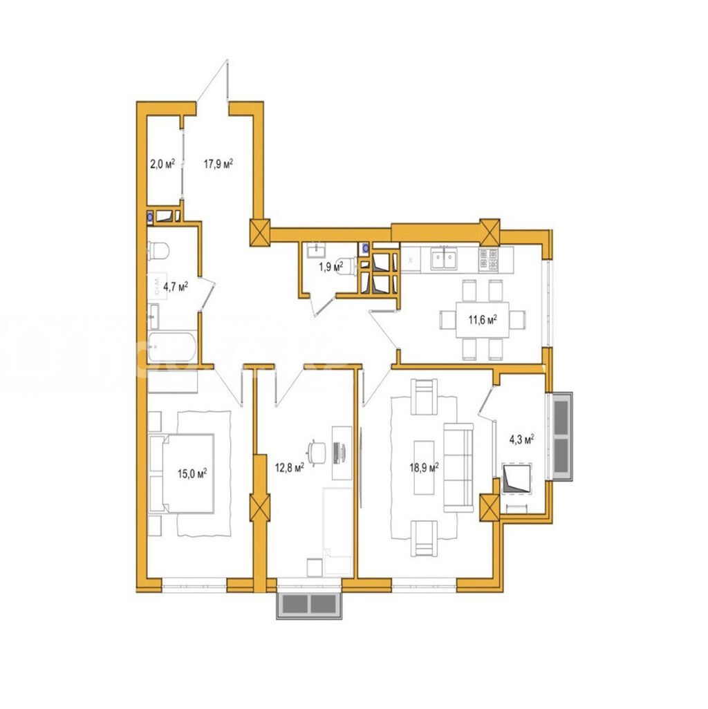 3 комнаты, 90 м², 11 этаж, ПСО (под самоотделку): фото 4