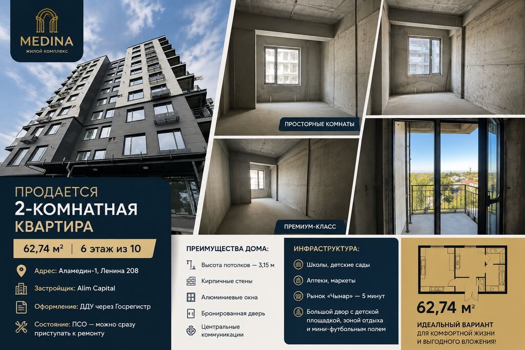 2 комнаты, 62 м², Аламедин-1 мкр Элитка, 6 этаж, ПСО (под самоотделку): фото 1