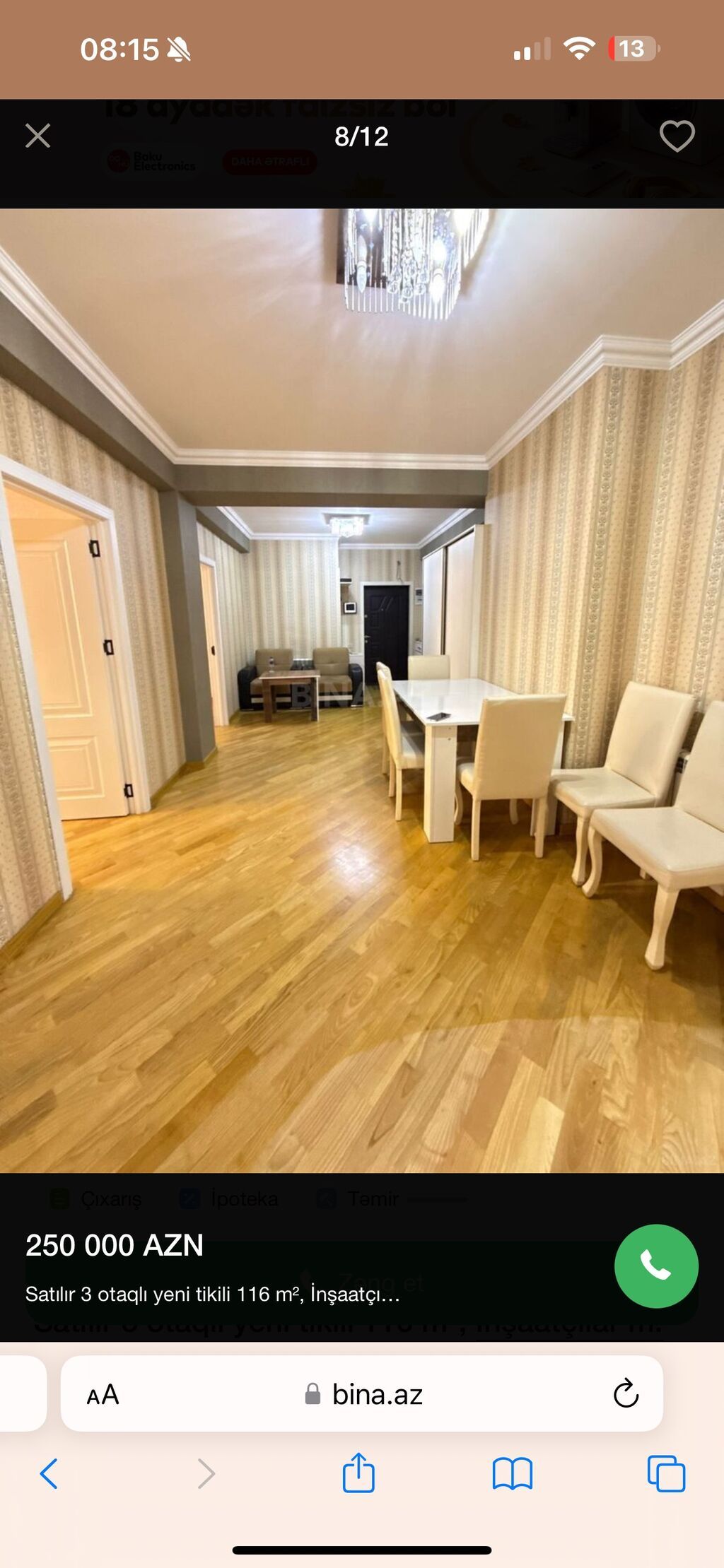 3 otaqlı, Yeni tikili, m. İnşaatçılar, 116 kv. m