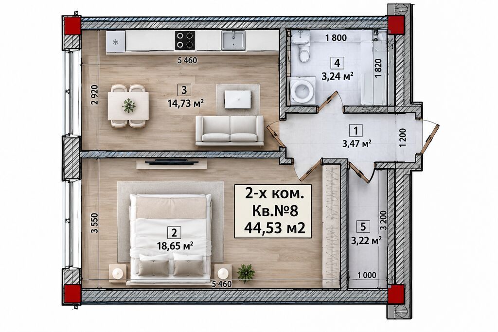 2 комнаты, 45 м², 3 этаж, Евроремонт: фото 8