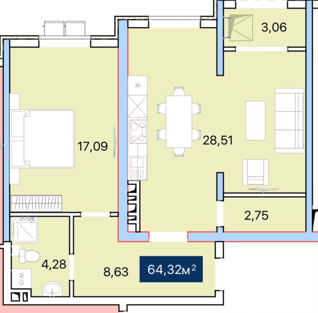 2 комнаты, 65 м², Ошский рынок / базар Элитка, 5 этаж, ПСО (под самоотделку): фото 3