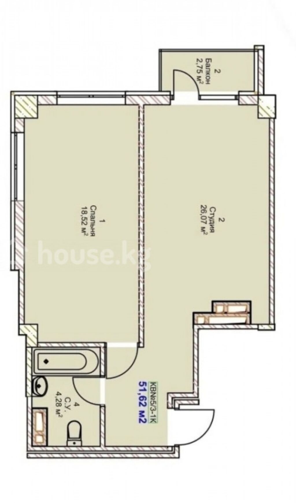 1 комната, 52 м², Аламедин-1 мкр Элитка, 6 этаж, ПСО (под самоотделку): фото 2