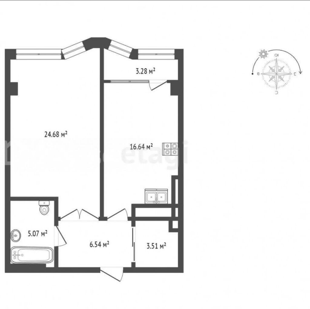 1 комната, 60 м², Ак-Кеме Элитка, 5 этаж, ПСО (под самоотделку): фото 4