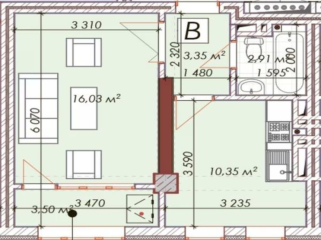 1 комната, 36 м², Асанбай мкр Элитка, 9 этаж, ПСО (под самоотделку): фото 2