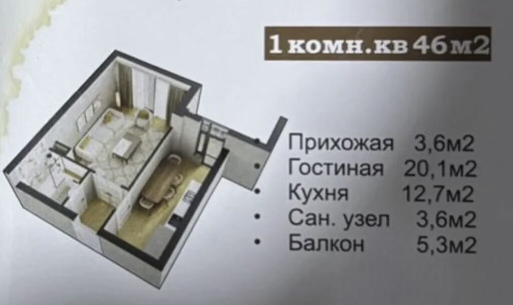 1 комната, 46 м², Вефа ТЦ Элитка, 10 этаж, ПСО (под самоотделку): фото 3