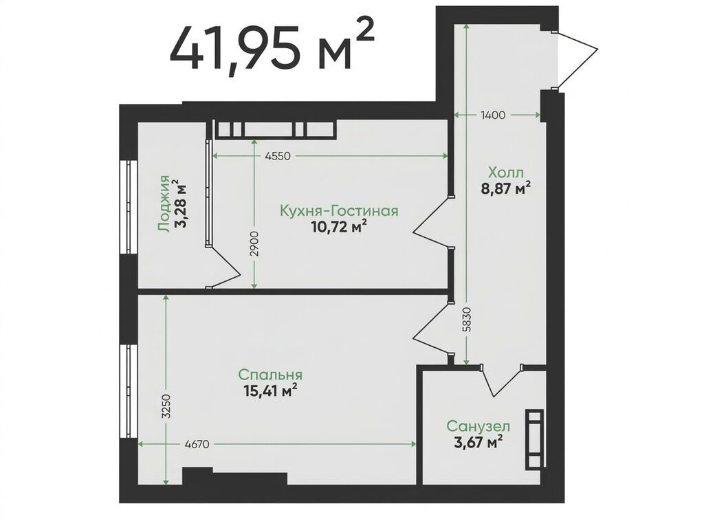 1 комната, 42 м², АЮ Гранд Элитка, 6 этаж, ПСО (под самоотделку): фото 6
