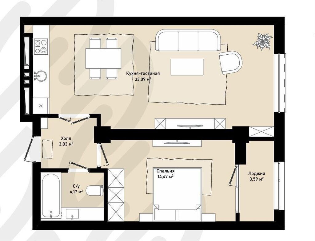 2 комнаты, 58 м², Асанбай мкр Элитка, 13 этаж, ПСО (под самоотделку): фото 4