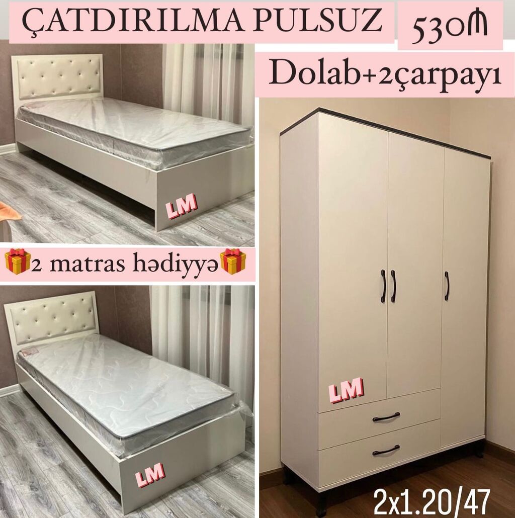 Mebel dəsti: Dolab + 2 çarpayı - Paket: 3 qapılı dolab və 2 ədəd tək