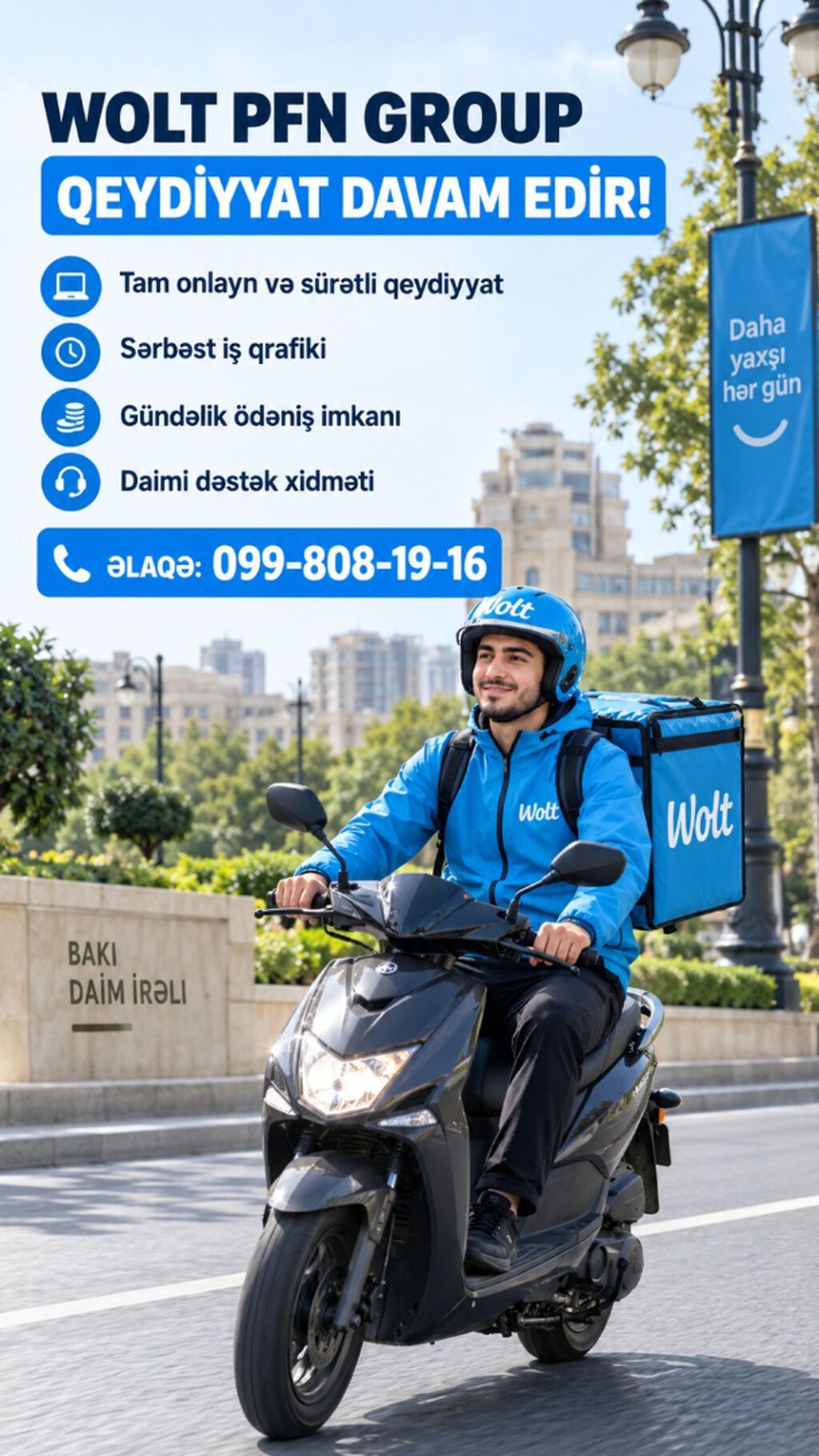 Moto-kuryer tələb olunur, Gündəlik ödəniş, 1 ildən az təcrübə
