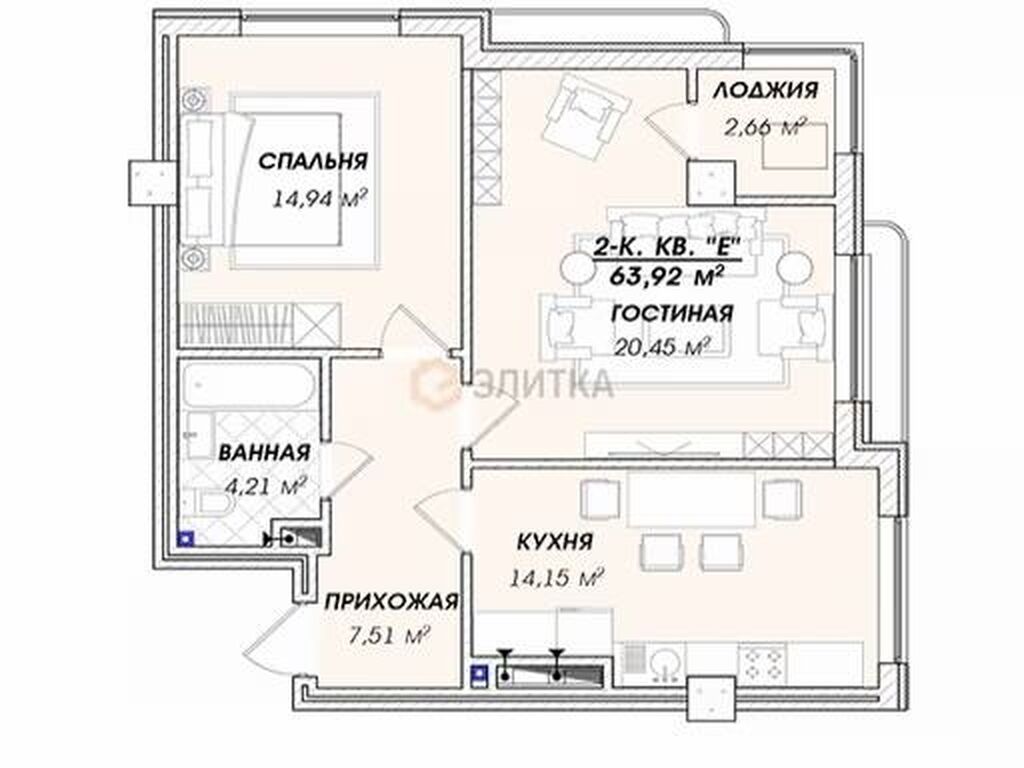 2 комнаты, 63 м², Элитка, 10 этаж, ПСО (под самоотделку): фото 2