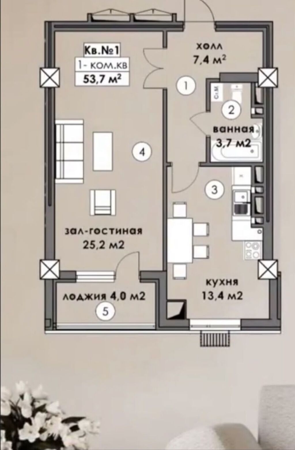 1 комната, 53 м², Кок-Жар ж/м Элитка, 6 этаж, ПСО (под самоотделку): фото 5