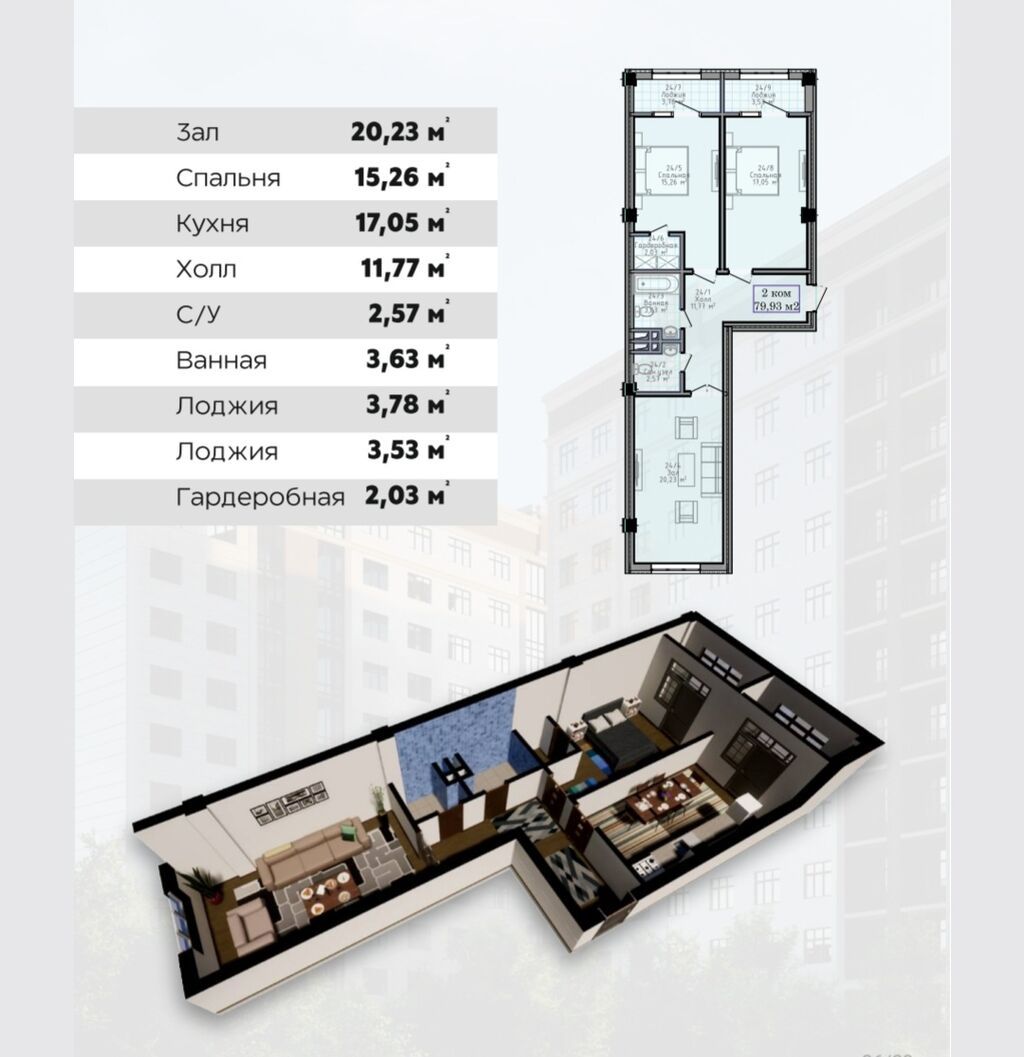 2 комнаты, 80 м², Ошский мкр., Элитка, 2 этаж, ПСО (под самоотделку): фото 2