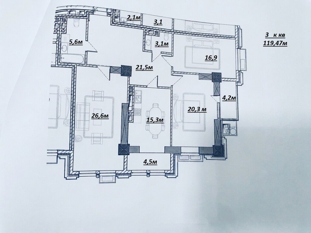3 комнаты, 119 м², Асанбай мкр Элитка, 8 этаж, ПСО (под самоотделку): фото 2
