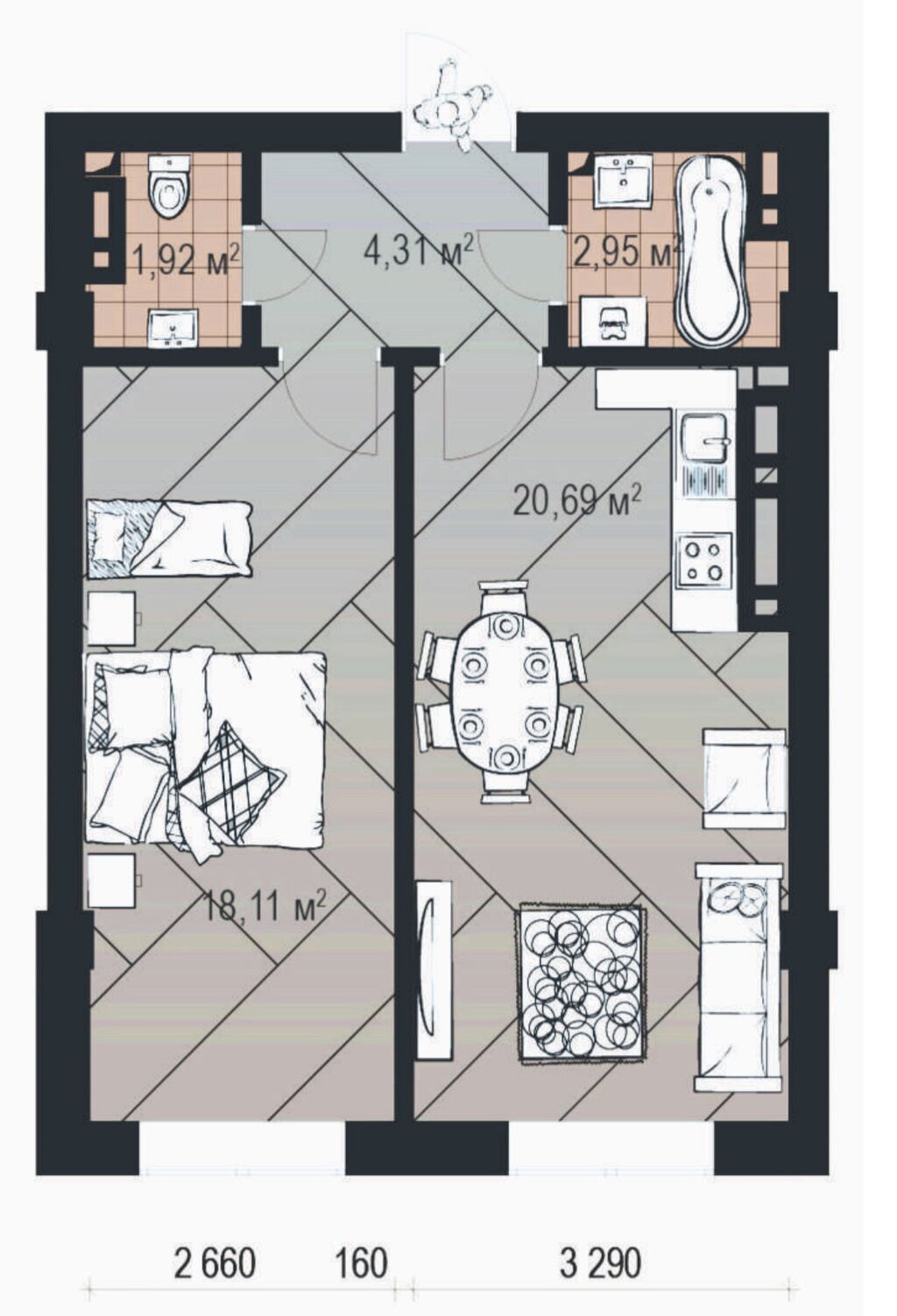1 комната, 47 м², Элитка, Асанбай мкр Элитка, 7 этаж, ПСО (под самоотделку): фото 3