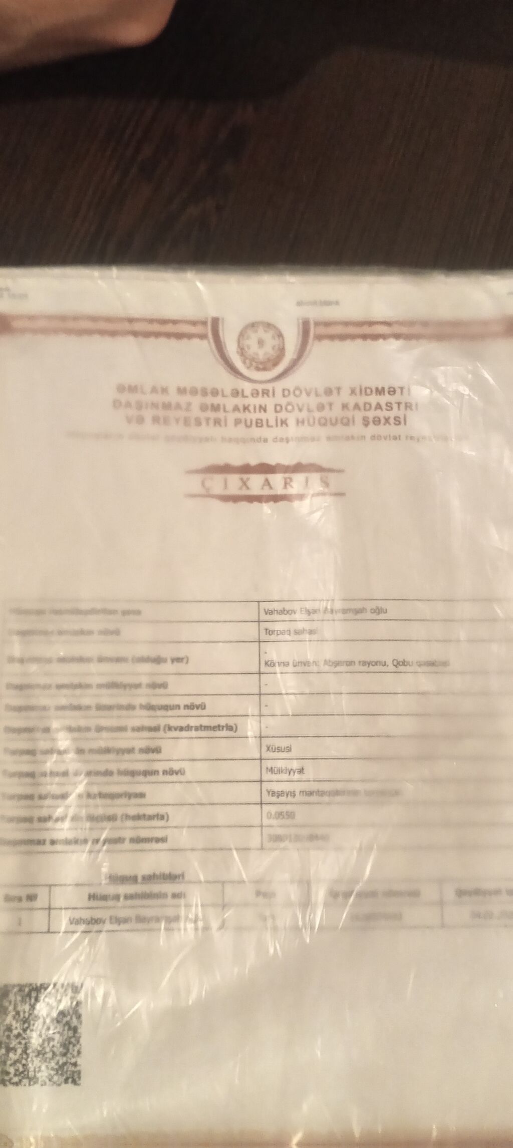 4 sot, Tikinti, Mülkiyyətçi, Kupça (Çıxarış)