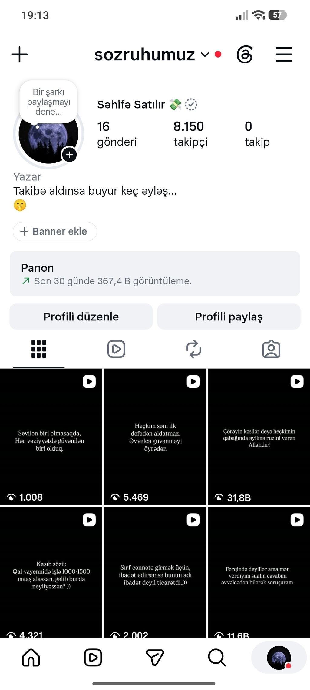 Satılır Instagram səhifəsi – **sozruhumuz** Mövzu yönümlü sitat və