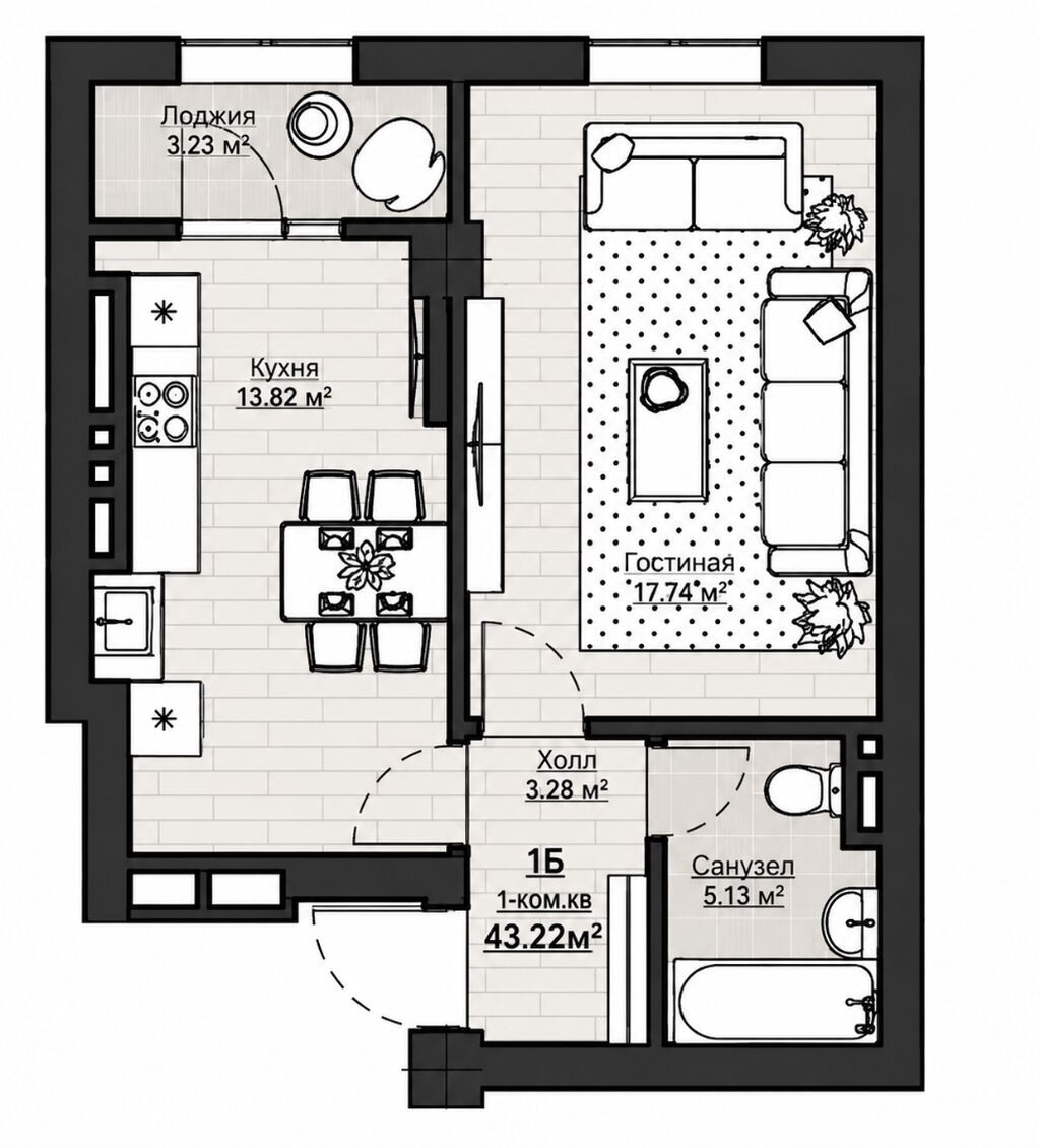 1 комната, 43 м², Асанбай мкр Элитка, 13 этаж, ПСО (под самоотделку): фото 2