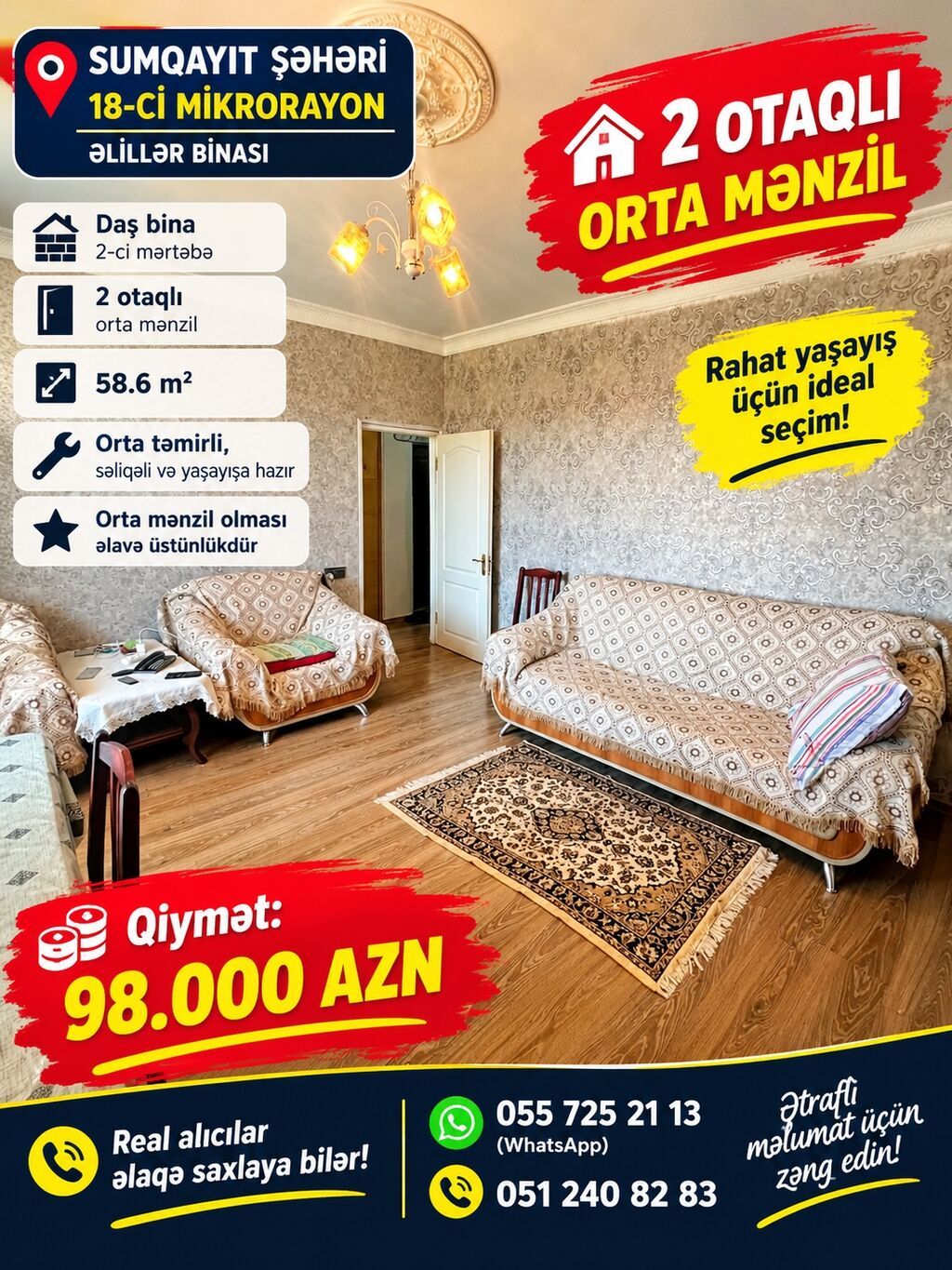 Sumqayıt, 2 otaqlı, Köhnə tikili, 58 kv. m