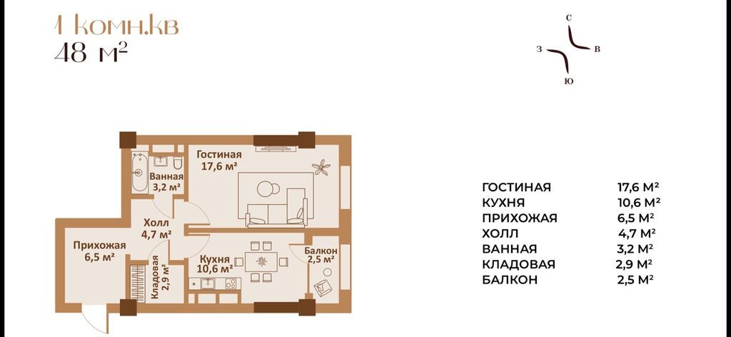 Продается 1-комнатная квартира 48 м², ПСО: фото 1
