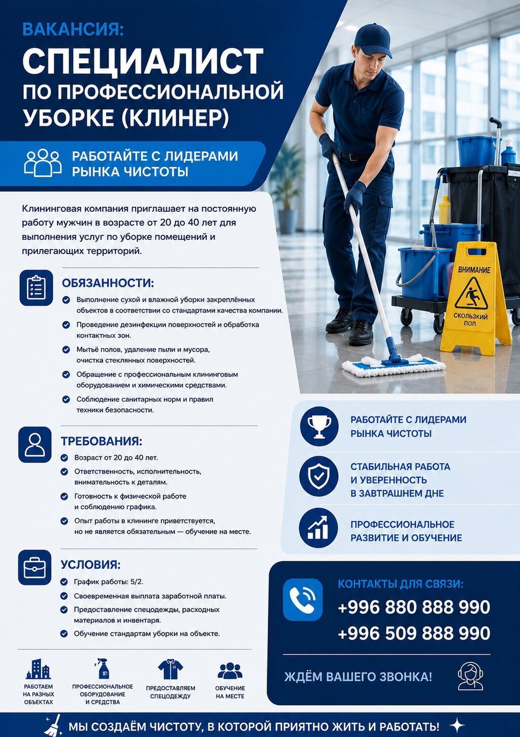 Требуется клинер (уборщик) на полную занятость