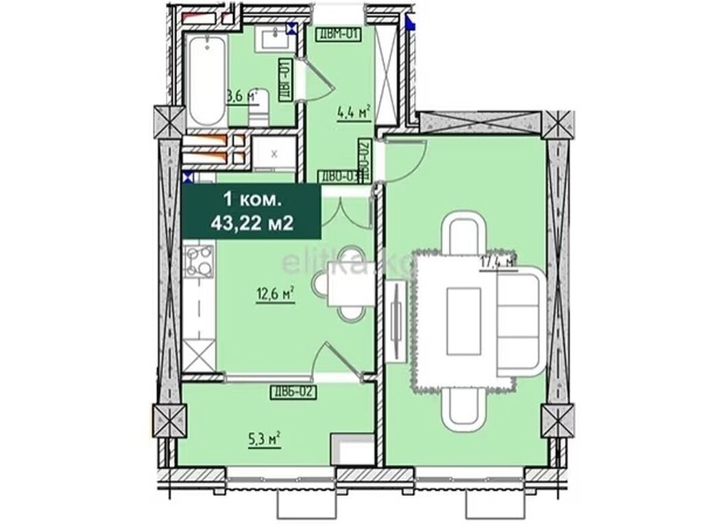 1 комната, 43 м², 1000 мелочей Элитка, 14 этаж, ПСО (под самоотделку): фото 7