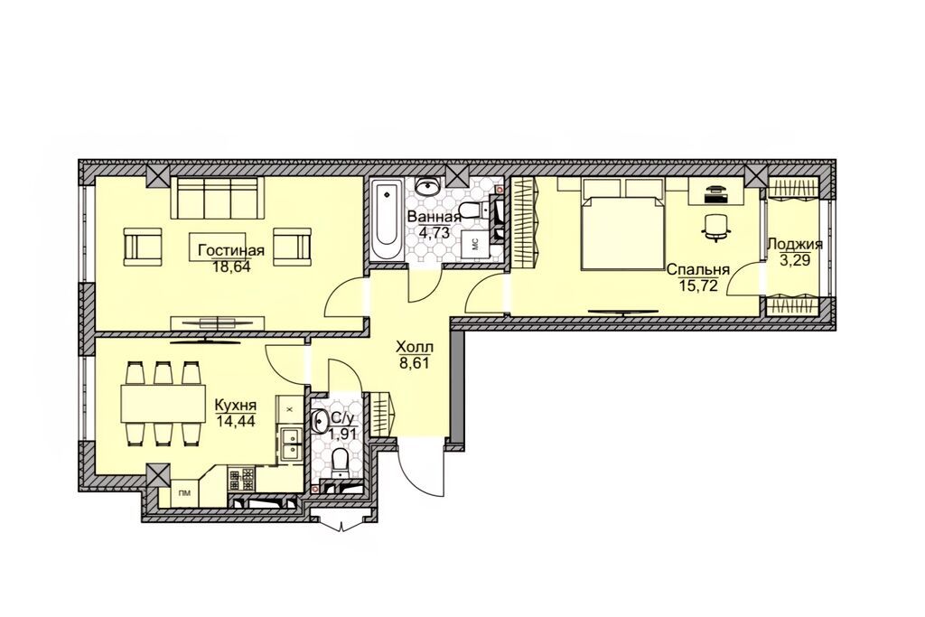2 комнаты, 66 м², Элитка, 2 этаж, ПСО (под самоотделку): фото 3