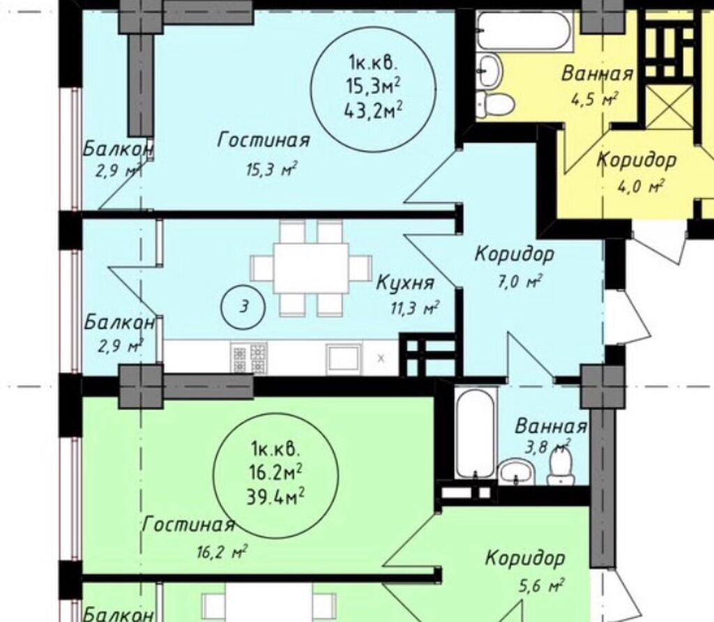 1 комната, 44 м², Шлагбаум Элитка, 4 этаж, ПСО (под самоотделку): фото 3