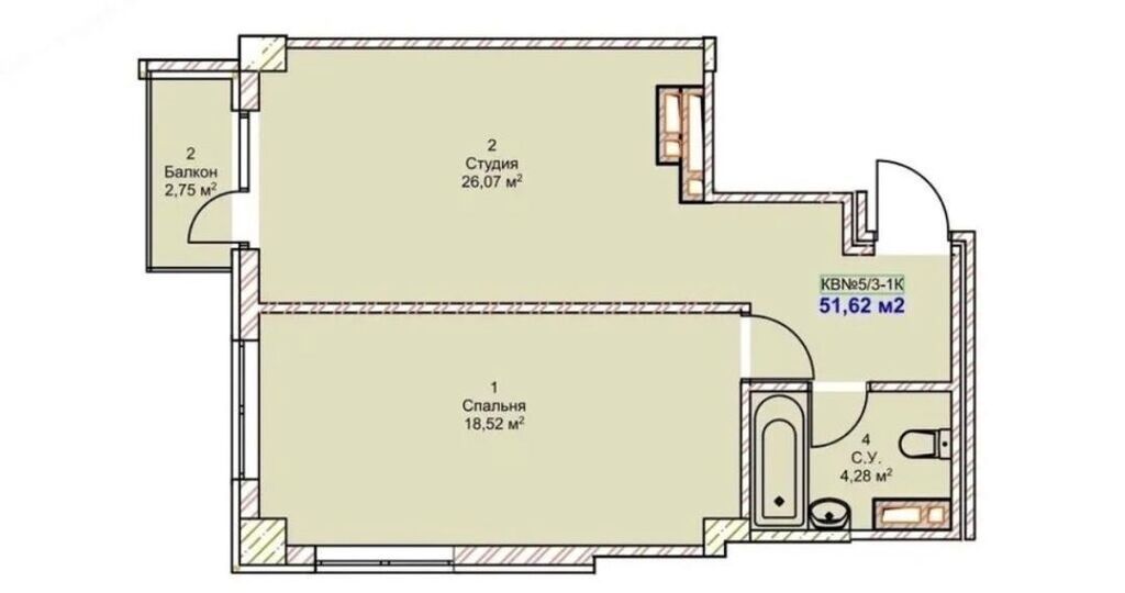 2 комнаты, 52 м², Индивидуалка, 6 этаж, ПСО (под самоотделку): фото 1